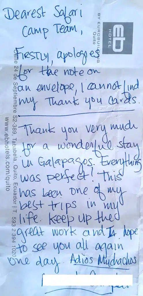 Galapagos Safari Camp guest review, May