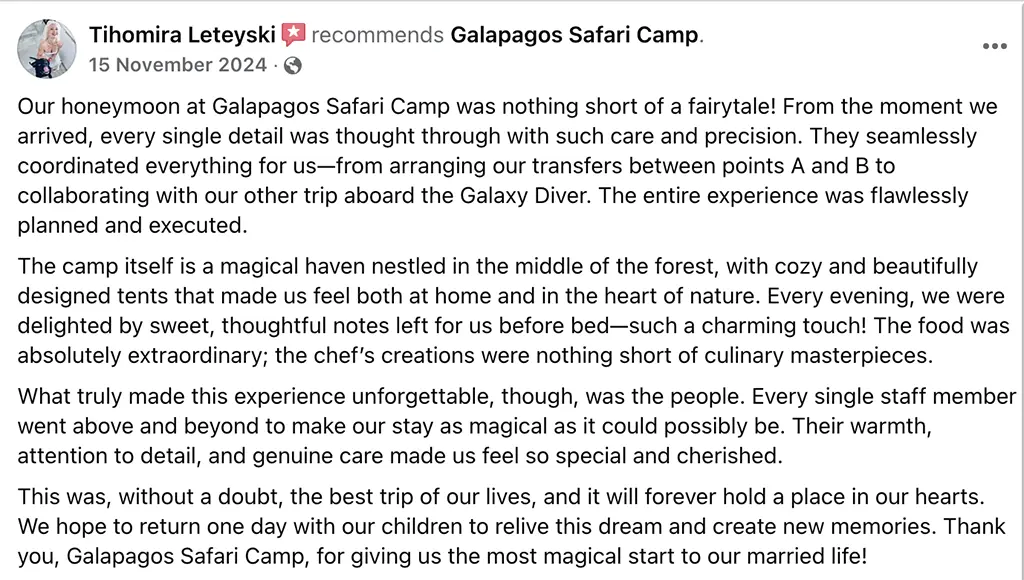 Galapagos Safari Camp honeymoon review on facebook